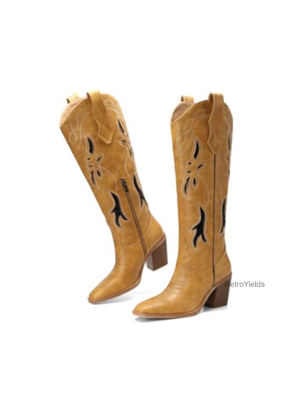 Western Cowboy Boots Women Knee High Faux Leather Chunky Heel